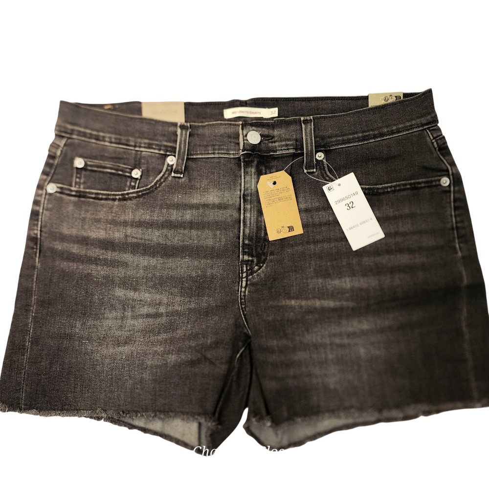 Levi's Mid Length Shorts Womens 32 Black NEW Raw‎ Hem Mid Rise Stretch Denim
